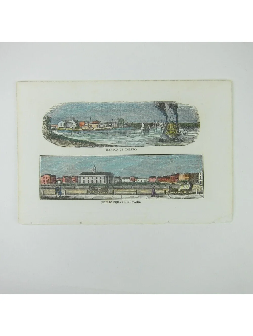 Engraving Print Ohio Toledo Harbor & Newark Square Hand Colored Antique 1847
